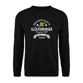 Glücksbringer betritt den Raum Kleeblatt Spruch - Unisex Pullover - Schwarz - Vorne - Alina (178cm) & Michal (187cm)