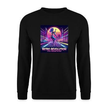 Retro-Revolution - 80er Jahre Poster - Mädchen auf dem Fahrrad - Unisex Pullover - Schwarz - Vorne - Alina (178cm) & Michal (187cm)