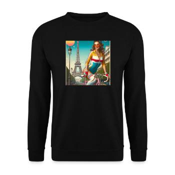 Schönes junges Mädchen fährt Fahrrad vor dem Eiffelturm - Unisex Pullover - Schwarz - Vorne - Alina (178cm) & Michal (187cm)