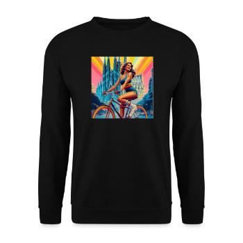 Heilige Familie Vintage Mädchen auf Fahrrad - Unisex Pullover - Schwarz - Vorne - Alina (178cm) & Michal (187cm)