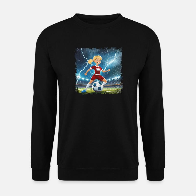 Fussballerin Comicfigur Stadion mit Blitzen - Unisex Pullover - Schwarz