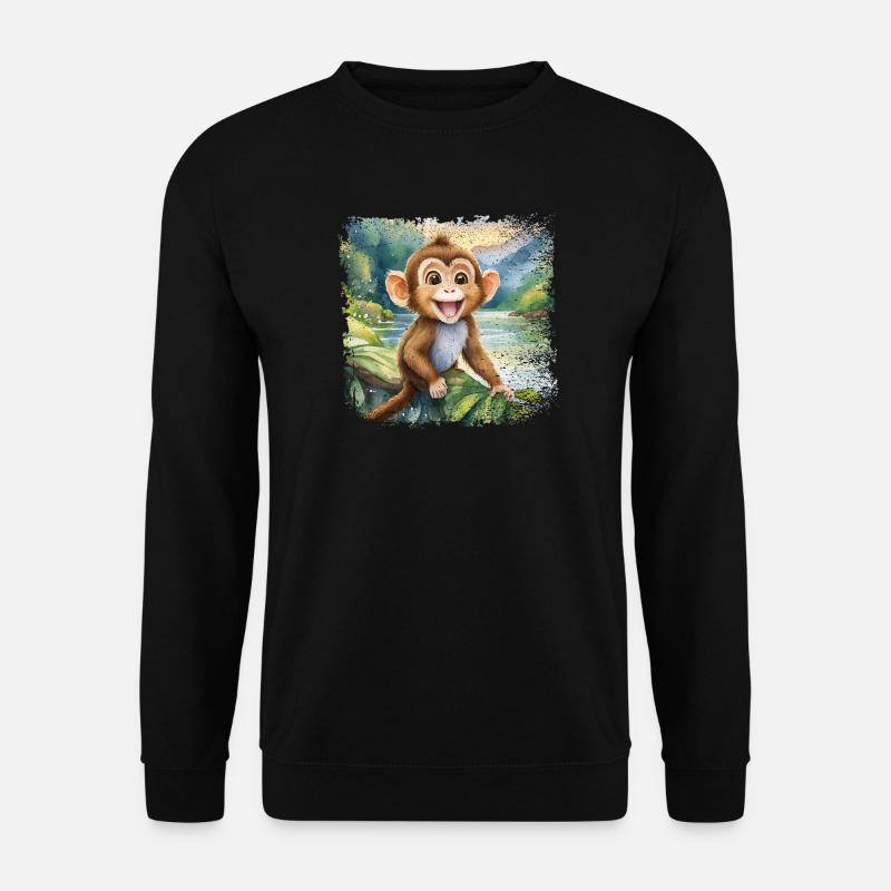 Niedlicher junger Affe, fröhlich am Fluss - Unisex Pullover - Schwarz