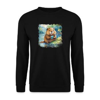 Cute young beaver with mobile phone - Unisex Sweatshirt - black - Front - Alina (178cm) & Michal (187cm)