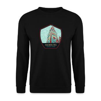 Rathausturm in Hamburg, Deutschland - Unisex Pullover - Schwarz - Vorne - Alina (178cm) & Michal (187cm)