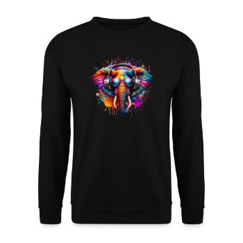 Bunter Elefant mit Kopfhörern - Unisex Pullover - Schwarz - Vorne - Alina (178cm) & Michal (187cm)