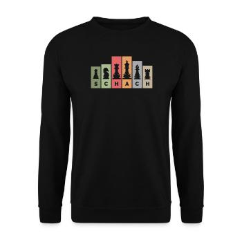 retro Schachfiguren Schachspieler vintage Farben - Unisex Pullover - Schwarz - Vorne - Alina (178cm) & Michal (187cm)