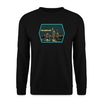 Illustration, Panoramablick Frankfurt bei Nacht - Unisex Pullover - Schwarz - Vorne - Alina (178cm) & Michal (187cm)