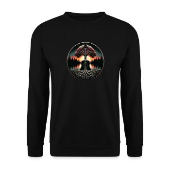 Abstrakte Gitarre im Wald - Unisex Pullover - Schwarz - Vorne - Alina (178cm) & Michal (187cm)