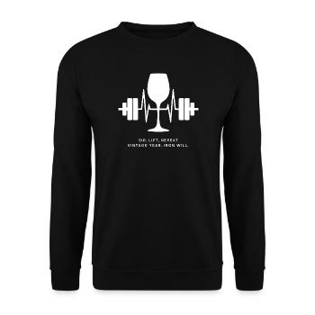 Genuss und Kraft: Wein und Gewichte - Unisex Pullover - Schwarz - Vorne - Alina (178cm) & Michal (187cm)