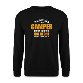Ich bin der Camper, einer von uns hat Recht - Unisex Pullover - Schwarz - Vorne - Alina (178cm) & Michal (187cm)
