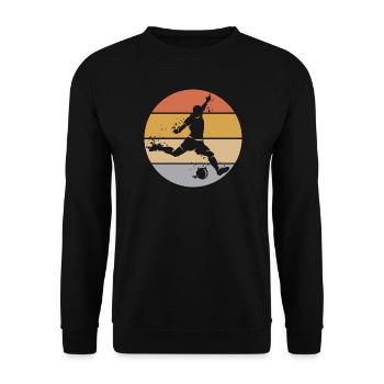 retro Fußball Spieler Torschuss Ball Explosion - Unisex Pullover - Schwarz - Vorne - Alina (178cm) & Michal (187cm)
