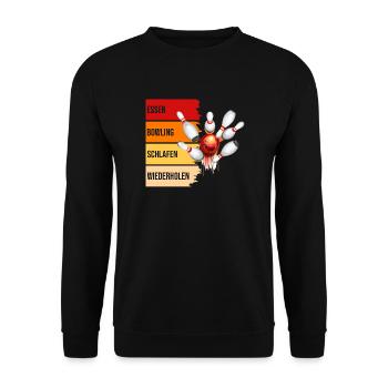 Essen - Bowling - Schlafen - Wiederholen - Unisex Pullover - Schwarz - Vorne - Alina (178cm) & Michal (187cm)