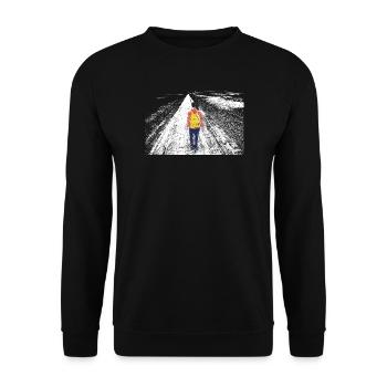 Einsamer Reisender auf der Straße - Unisex Pullover - Schwarz - Vorne - Alina (178cm) & Michal (187cm)