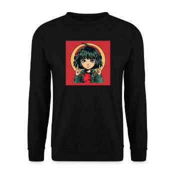 Anime Green eyes Girl - Unisex Pullover - Schwarz - Vorne - Alina (178cm) & Michal (187cm)