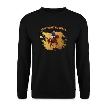 Reiten verbindet Herz und Seele - Unisex Pullover - Schwarz - Vorne - Alina (178cm) & Michal (187cm)