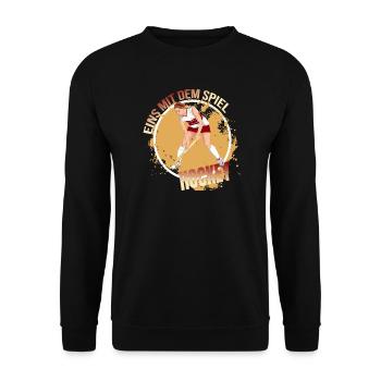 Eins mit dem Spiel Hockey - Unisex Pullover - Schwarz - Vorne - Alina (178cm) & Michal (187cm)