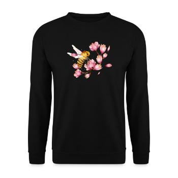 fliegende Biene mit Magnolien von Hand gezeichnet - Unisex Pullover - Schwarz - Vorne - Alina (178cm) & Michal (187cm)