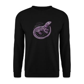 Eidechsentöne von lila Aborigine-Mustern, Stammesmuster - Unisex Pullover - Schwarz - Vorne - Alina (178cm) & Michal (187cm)