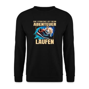 Laufen: Die Strecke ist dein Abenteuer - Unisex Pullover - Schwarz - Vorne - Alina (178cm) & Michal (187cm)
