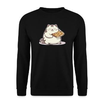 Dicke weiße Katze liebt ihre Pizza über alles - Unisex Pullover - Schwarz - Vorne - Alina (178cm) & Michal (187cm)