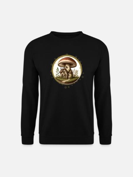 Design eines Fliegenpilzes als Märchenhaus im Wald - Unisex Pullover - Schwarz