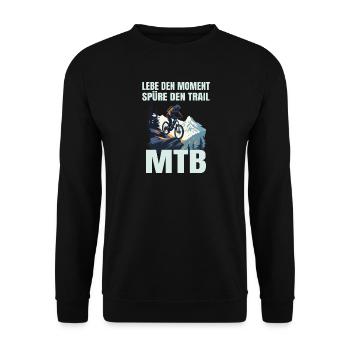 MTB: Lebe den Moment, spüre den Trail - Unisex Pullover - Schwarz - Vorne - Alina (178cm) & Michal (187cm)
