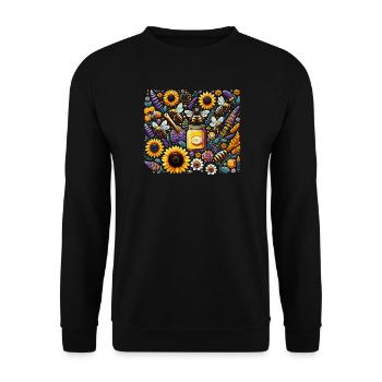 Lebhaftes, farbenfrohes Kunstwerk mit Bienen - Unisex Pullover - Schwarz - Vorne - Alina (178cm) & Michal (187cm)