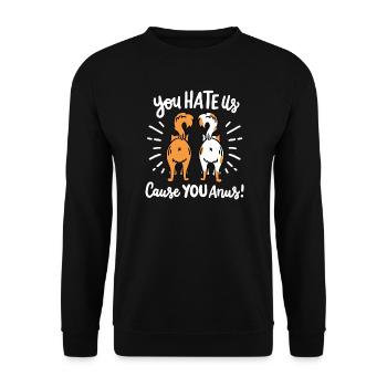 Katze Hintern Humor - Unisex Pullover - Schwarz - Vorne - Alina (178cm) & Michal (187cm)