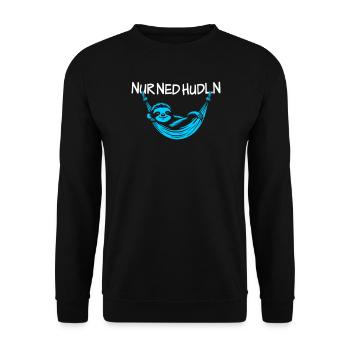 Nur ned hudln – Faultier in der Hängematte - Unisex Pullover - Schwarz - Vorne - Alina (178cm) & Michal (187cm)