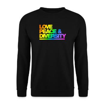 Typo Love Peace Diversity Rainbow - Unisex Pullover - Schwarz - Vorne - Alina (178cm) & Michal (187cm)