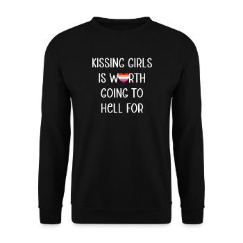 LGBT Pride Month - Küsse Mädchen. Lesbisches Paar - Unisex Pullover - Schwarz - Vorne - Alina (178cm) & Michal (187cm)