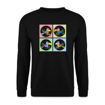 Bunte Papageien in Farbanimation - Unisex Pullover - Schwarz - Vorne - Alina (178cm) & Michal (187cm)