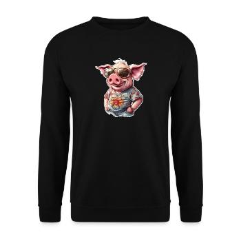 Pig mit Sonnenbrillen im Hawaii-Look - Unisex Pullover - Schwarz - Vorne - Alina (178cm) & Michal (187cm)