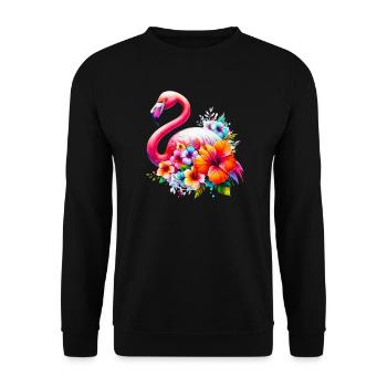 Flamingo verziert mit Hibiskusblüten - Unisex Pullover - Schwarz - Vorne - Alina (178cm) & Michal (187cm)