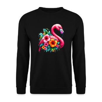 Flamingo verziert mit Hibiskusblüten - Unisex Pullover - Schwarz - Vorne - Alina (178cm) & Michal (187cm)