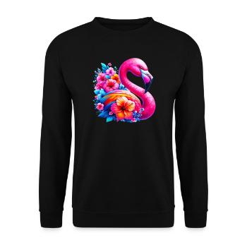 Flamingo verziert mit Hibiskusblüten - Unisex Pullover - Schwarz - Vorne - Alina (178cm) & Michal (187cm)