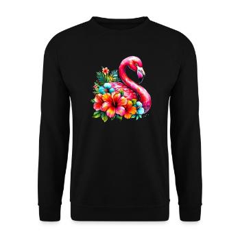 Flamingo verziert mit Hibiskusblüten - Unisex Pullover - Schwarz - Vorne - Alina (178cm) & Michal (187cm)