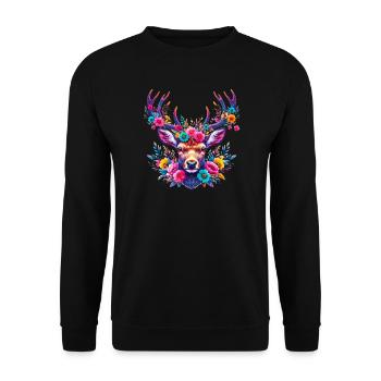 Hirsch mit Blumen geschmückt - Unisex Pullover - Schwarz - Vorne - Alina (178cm) & Michal (187cm)