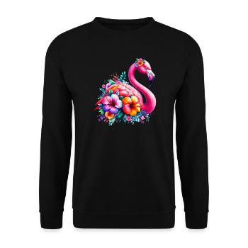 Flamingo verziert mit Hibiskusblüten - Unisex Pullover - Schwarz - Vorne - Alina (178cm) & Michal (187cm)