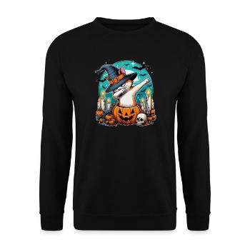 Halloween Katze Dab Hexenhut für Katzenliebhaber - Unisex Pullover - Schwarz - Vorne - Alina (178cm) & Michal (187cm)