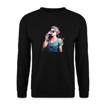 Frau trinkt roten Wein - Unisex Pullover - Schwarz - Vorne - Alina (178cm) & Michal (187cm)