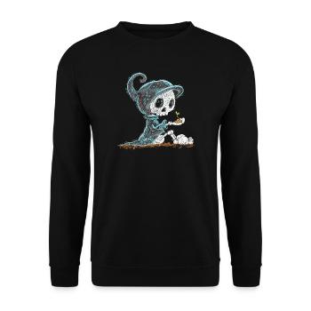 Skelett Hält Pflanze Hoffnung Entstehung - Unisex Pullover - Schwarz - Vorne - Alina (178cm) & Michal (187cm)