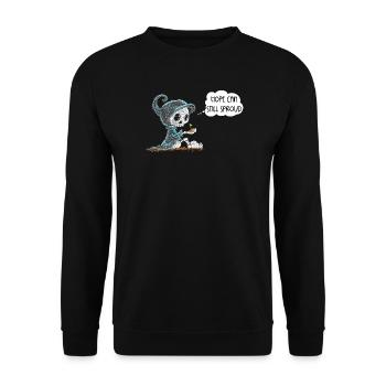 Skelett Hält Pflanze Hoffnung Entstehung Spruch - Unisex Pullover - Schwarz - Vorne - Alina (178cm) & Michal (187cm)
