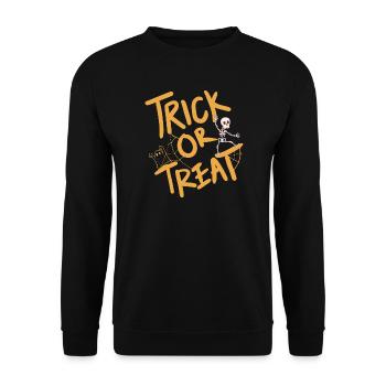 Kreatives Halloween-Design mit Kürbis und Skelett - Unisex Pullover - Schwarz - Vorne - Alina (178cm) & Michal (187cm)