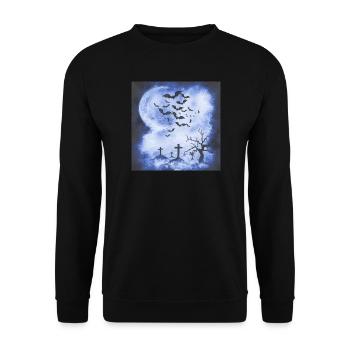 Mondnacht über dem Friedhof mit Fledermäusen - Unisex Pullover - Schwarz - Vorne - Alina (178cm) & Michal (187cm)