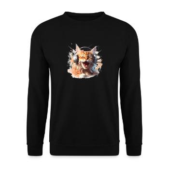 Schreiende DJ Katze mit Kopfhörer Musik Haustier - Unisex Pullover - Schwarz - Vorne - Alina (178cm) & Michal (187cm)
