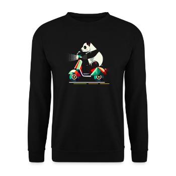 niedlichere Panda auf einem farbenfrohen Roller - Unisex Pullover - Schwarz - Vorne - Alina (178cm) & Michal (187cm)