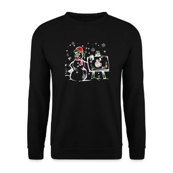 Schneemann mit Weihnachtsfenster Motiv - Unisex Pullover - Schwarz - Vorne - Alina (178cm) & Michal (187cm)