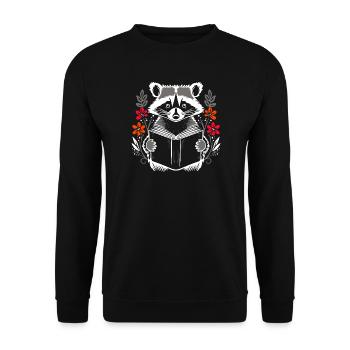 Lesender süßer Waschbär mit Buch und Blumen - Unisex Pullover - Schwarz - Vorne - Alina (178cm) & Michal (187cm)