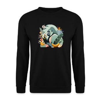 Stolzer Gorilla mit Banane in tropischer Umgebung - Unisex Pullover - Schwarz - Vorne - Alina (178cm) & Michal (187cm)